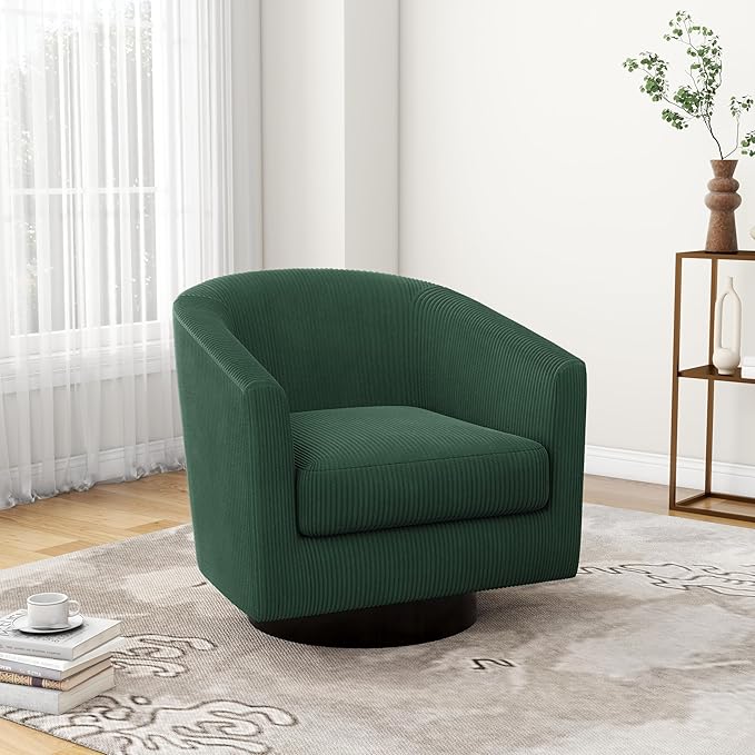 UIXE Swivel Accent Chairs Set of 2, Barrel Chair Corduroy Upholstered Armchair for Living Room, Small Single Sofa Bedroom Reading Seat - Dark Green