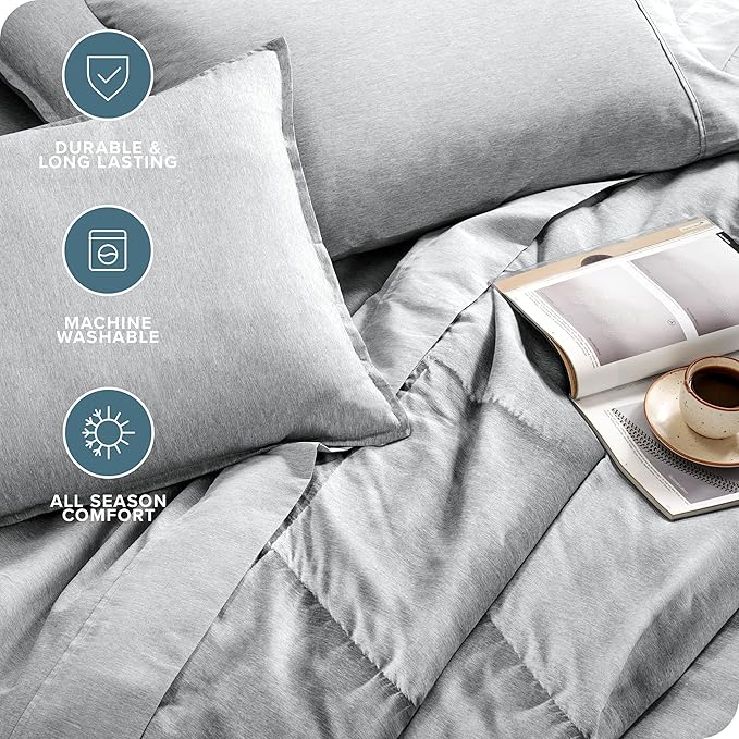 Bare Home Bed-in-A-Bag 7 Piece Comforter & Sheet Set - Queen - Goose Down Alternative - Ultra-Soft 1800 Premium Bedding Set - Cationic (Queen, Heathered Pewter)